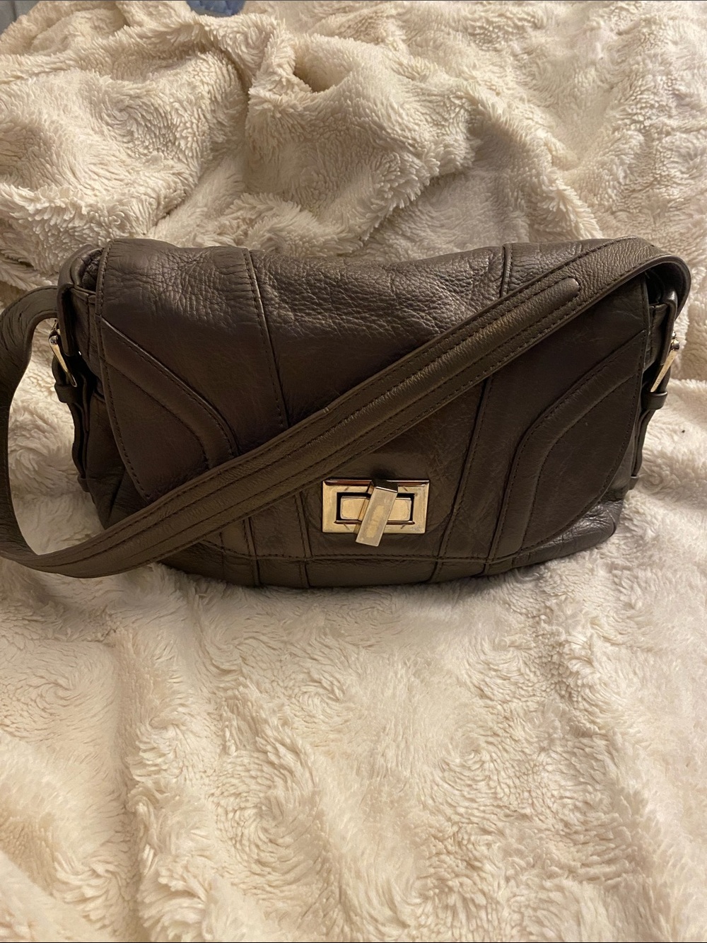 Pour La Victoire Dark Brown Leather Shoulder Bag with Turn-Lock